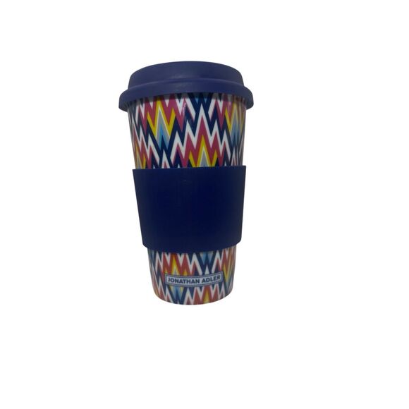 Jonathan Adler Travel Mug – Zigzag Pattern with Blue Silicone Lid & Sleeve - Picture 1 of 5